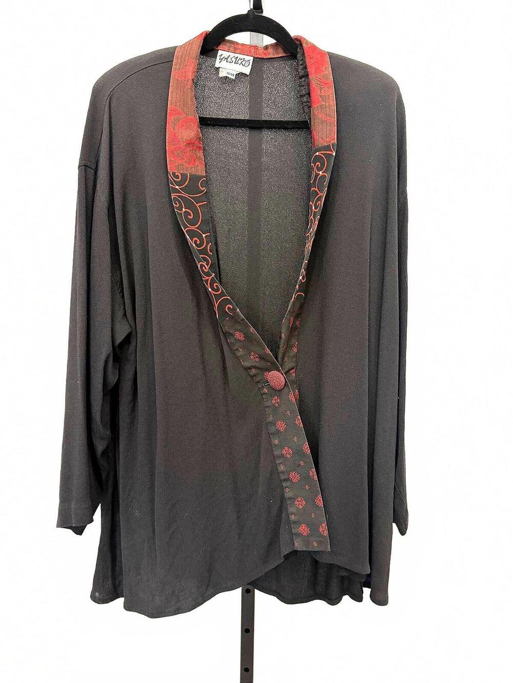 Yasuko s/m Black Cardigan with Red Patterned Trim
